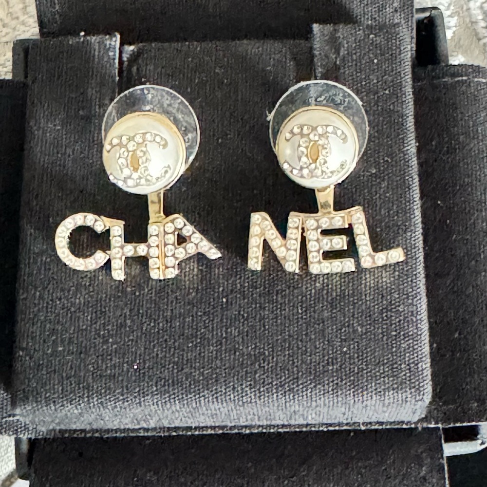 CHANEL 21A Gold, Pearly White and Crystal Two way LOGO Earrings (NWT)